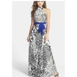 Eliza J Dress 10 Maxi Animal Print Blue Sash Pleated Halter Full Length